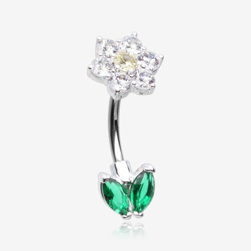 Blooming Sparkle Spring Flower Belly Button Ring-Clear Gem/Yellow/Green